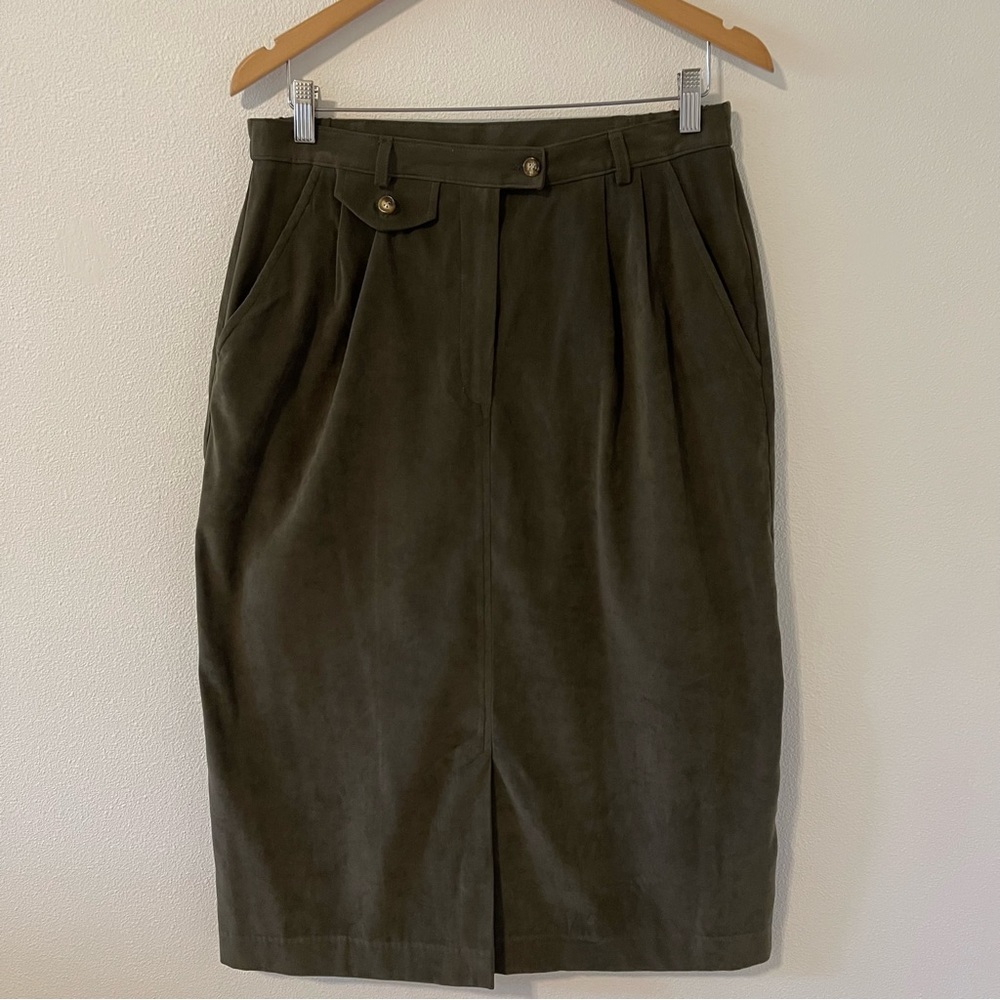 Orvis Faux Suede Maxi A-Line Skirt Olive Green Front Slit Modest Made in USA -12